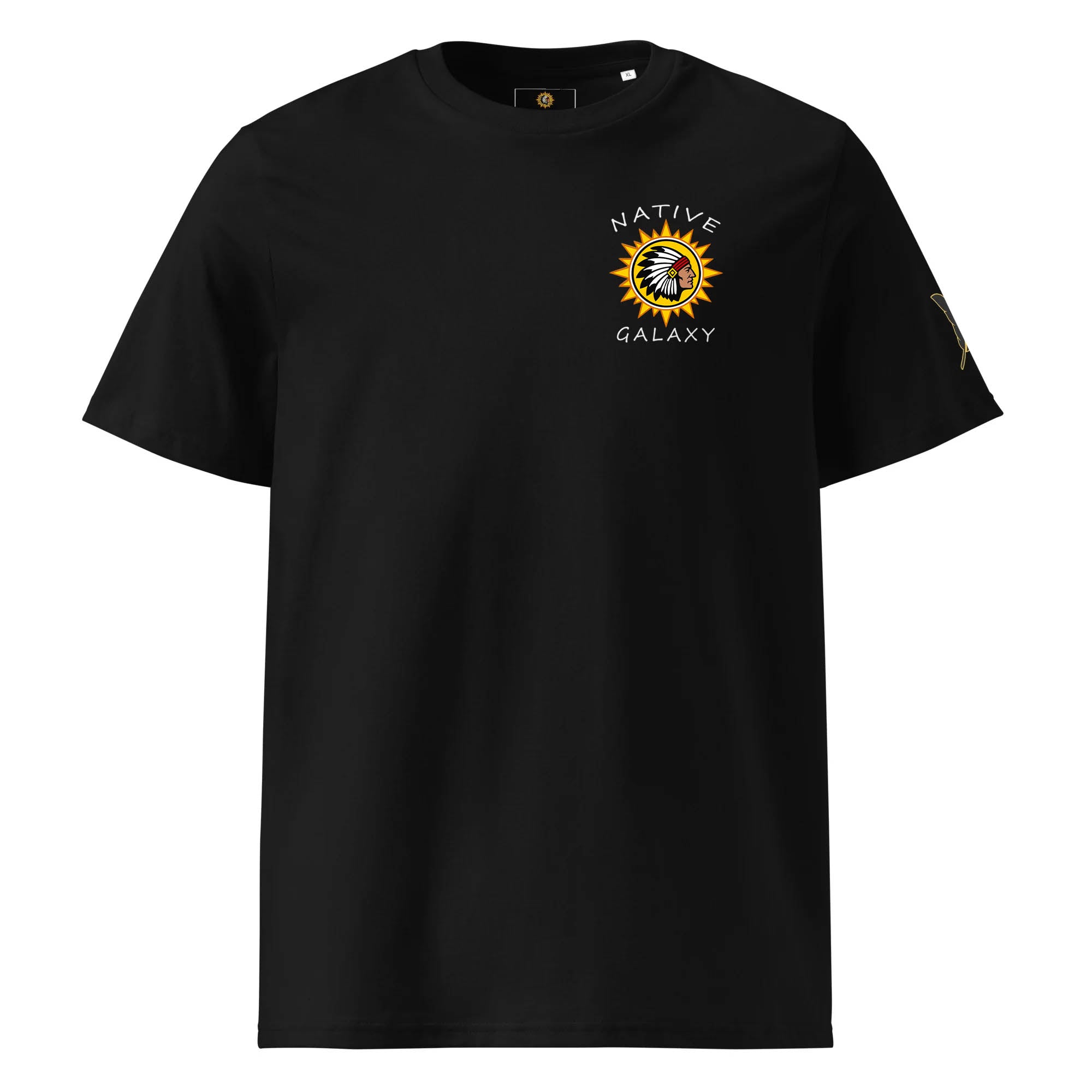 Black t-shirt with a logo on the chest against a white background